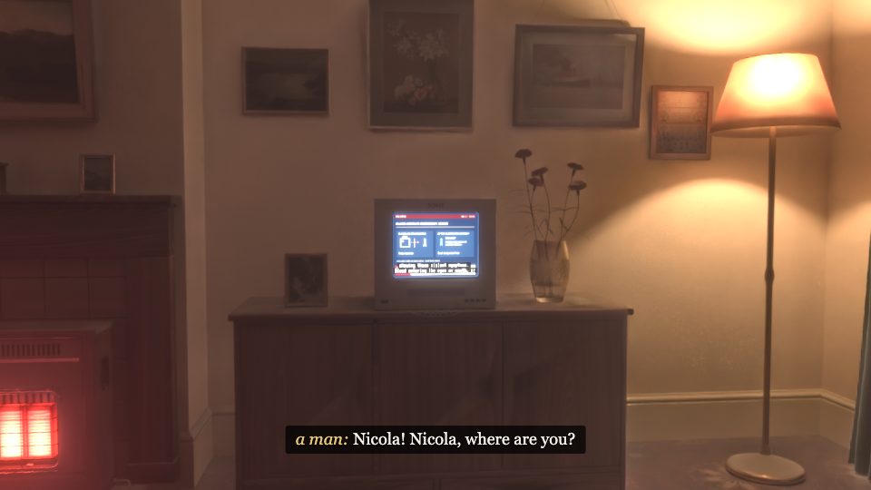 In-game at night: the television shows a news page while a subtitle reads: a man: Nicola! Nicola, where are you?