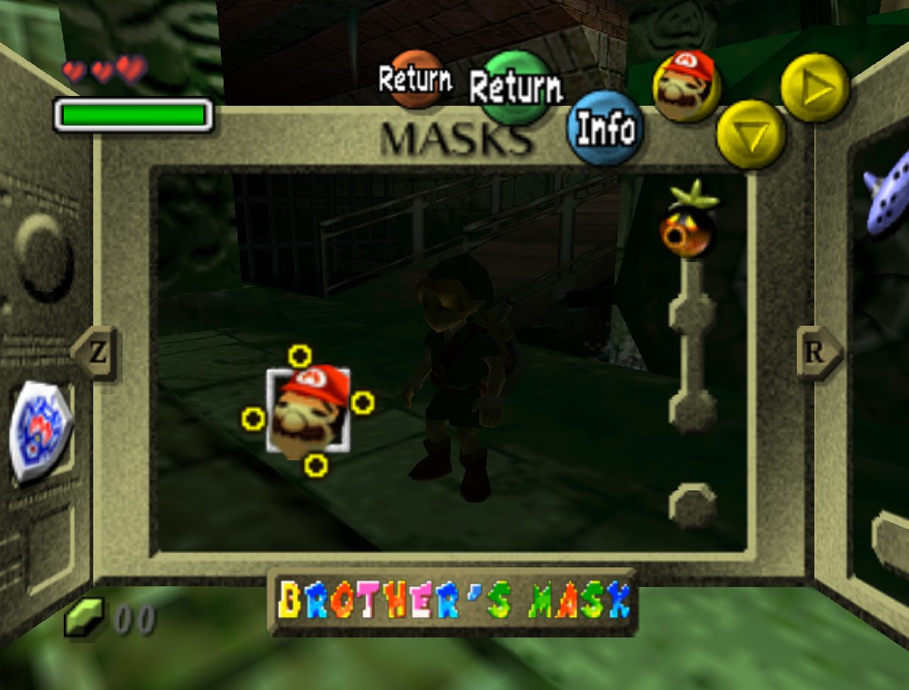In-game screenshot of the mask inventory screen, with a mask shaped like Mario's face selected and labelled Brother's Mask.